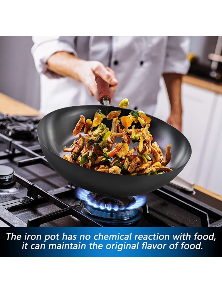 Cast Iron Wok Stir Fry Pan Wooden Handle chef’s pan pre-seasoned nonstick for Chinese Japanese and other cooking - BLHEVTEWV
