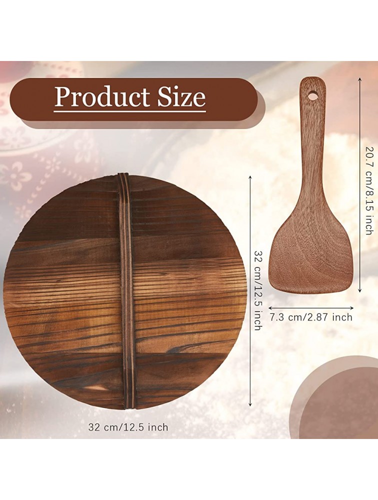 12.5-Inch Natural Wood Pot Lid and Wooden Spatula Spill-Proof Handmade Wood Pot Lid Kitchen Tool Accessories Wooden Pot Lid for Cast Iron Pot - BFGK5NDAE
