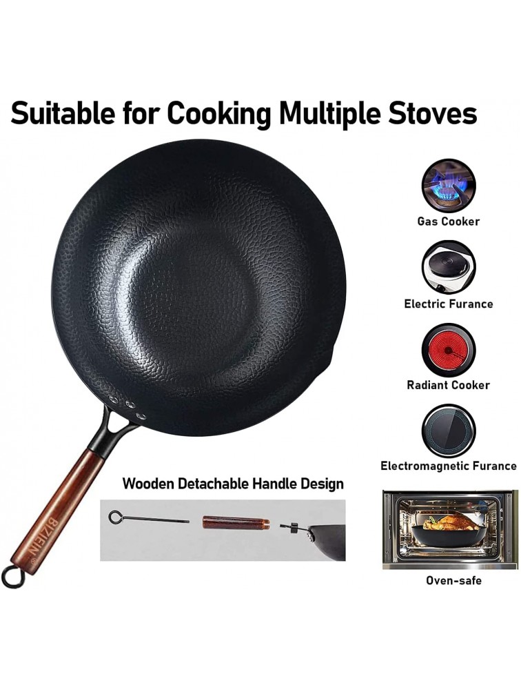 12.6 Carbon Steel Wok Biziein 10 Pcs Wok Pans with Wooden Handle and Lid ,7 Wooden Cookware Accessories and Wok Rack Flat Bottom Chinese Stir Fry Wok for Electric Induction and Gas Stoves - BLUTE7YYO
