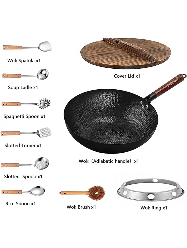 12.6 Carbon Steel Wok Biziein 10 Pcs Wok Pans with Wooden Handle and Lid ,7 Wooden Cookware Accessories and Wok Rack Flat Bottom Chinese Stir Fry Wok for Electric Induction and Gas Stoves - BLUTE7YYO
