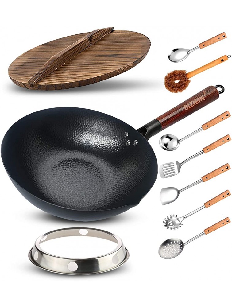 12.6" Carbon Steel Wok Biziein 10 Pcs Wok Pans with Wooden Handle and Lid ,7 Wooden Cookware Accessories and Wok Rack  Flat Bottom Chinese Stir Fry Wok for Electric Induction and Gas Stoves - BLUTE7YYO