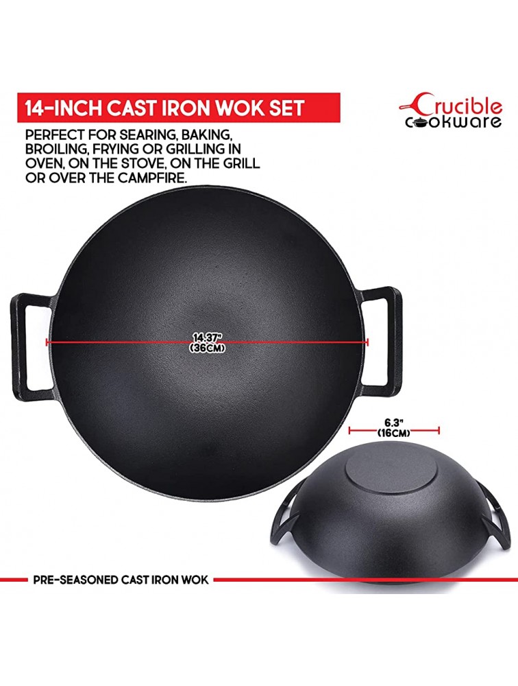 14-Inch Cast Iron Wok Set Pre-Seasoned Glass Lid & Silicone Hot Handle Holders - BLZBIAF8L