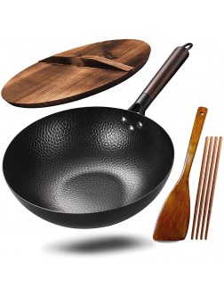 Anyfish Wok Stir Fry Pan with Lid 12.6 Inch Carbon Steel Wok Pan with Chopsticks and Wooden Spatula for All Stoves - BKY6RG33Q
