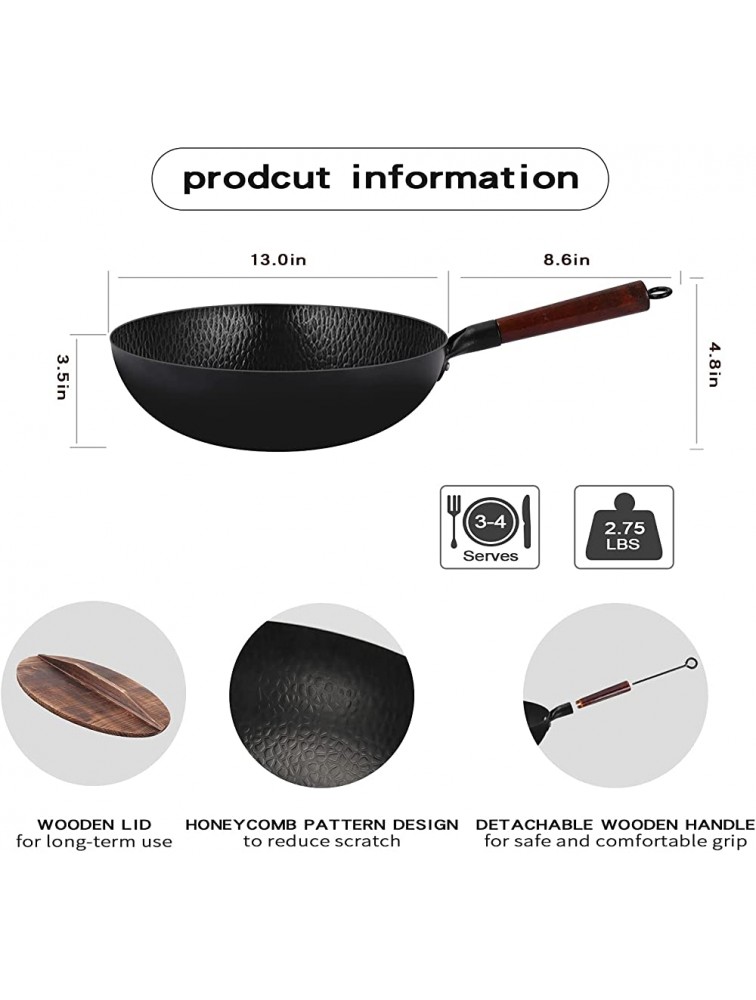 Babyltrl Wok Pan 12.5 Woks and Stir Fry Pans Carbon Steel Wok with Wooden Handle and Lid 6 Cookware Accessories Flat Bottom Pan Suits for All Stoves - BHF50BB4W