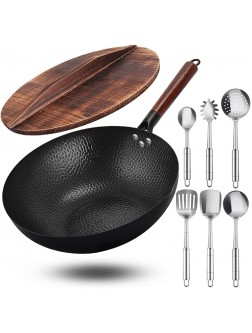 Babyltrl Wok Pan 12.5" Woks and Stir Fry Pans Carbon Steel Wok with Wooden Handle and Lid 6 Cookware Accessories Flat Bottom Pan Suits for All Stoves - BHF50BB4W