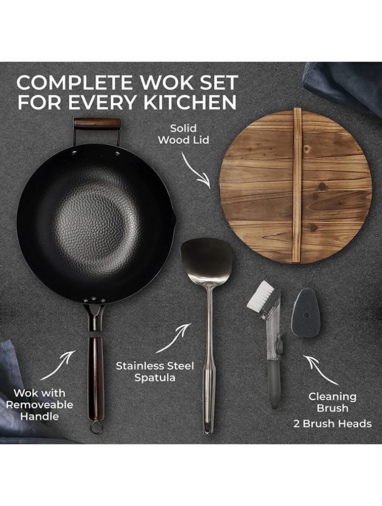HOME EC Carbon Steel Wok Pan With Lid Stir Fry Wok Set Steel Spatula and Cleaning Brush Non-Stick Big 12.6 Flat Bottom Chinese woks & stir-fry pans for Electric Induction Ceramic & Gas Stoves - BBS68CXYW