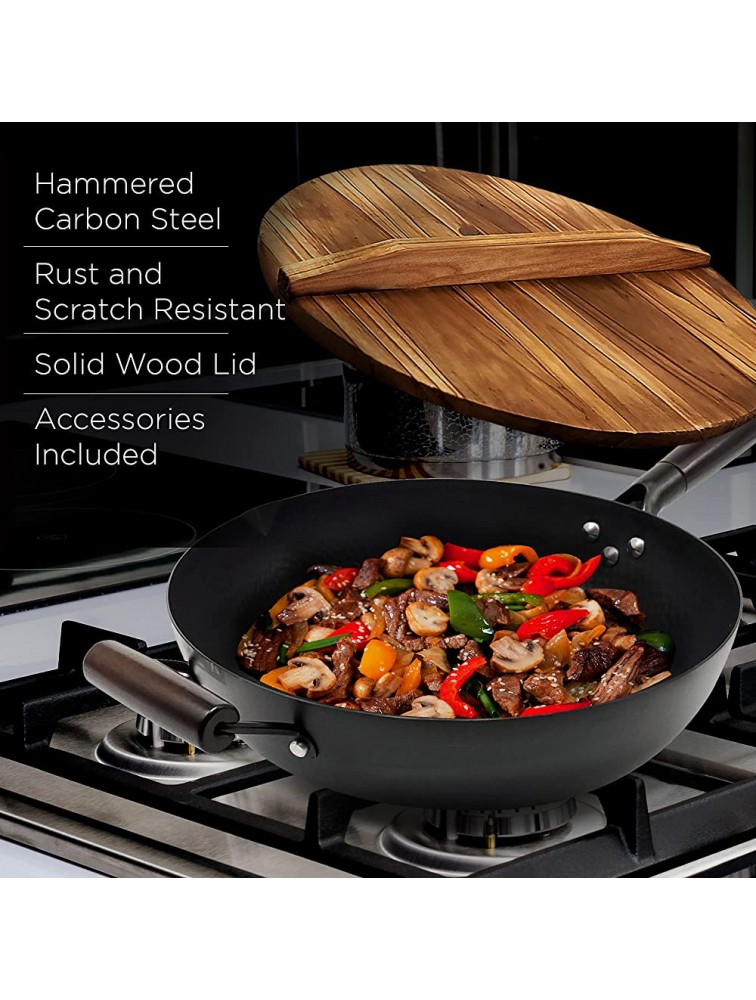 HOME EC Carbon Steel Wok Pan With Lid Stir Fry Wok Set Steel Spatula and Cleaning Brush Non-Stick Big 12.6 Flat Bottom Chinese woks & stir-fry pans for Electric Induction Ceramic & Gas Stoves - BBS68CXYW