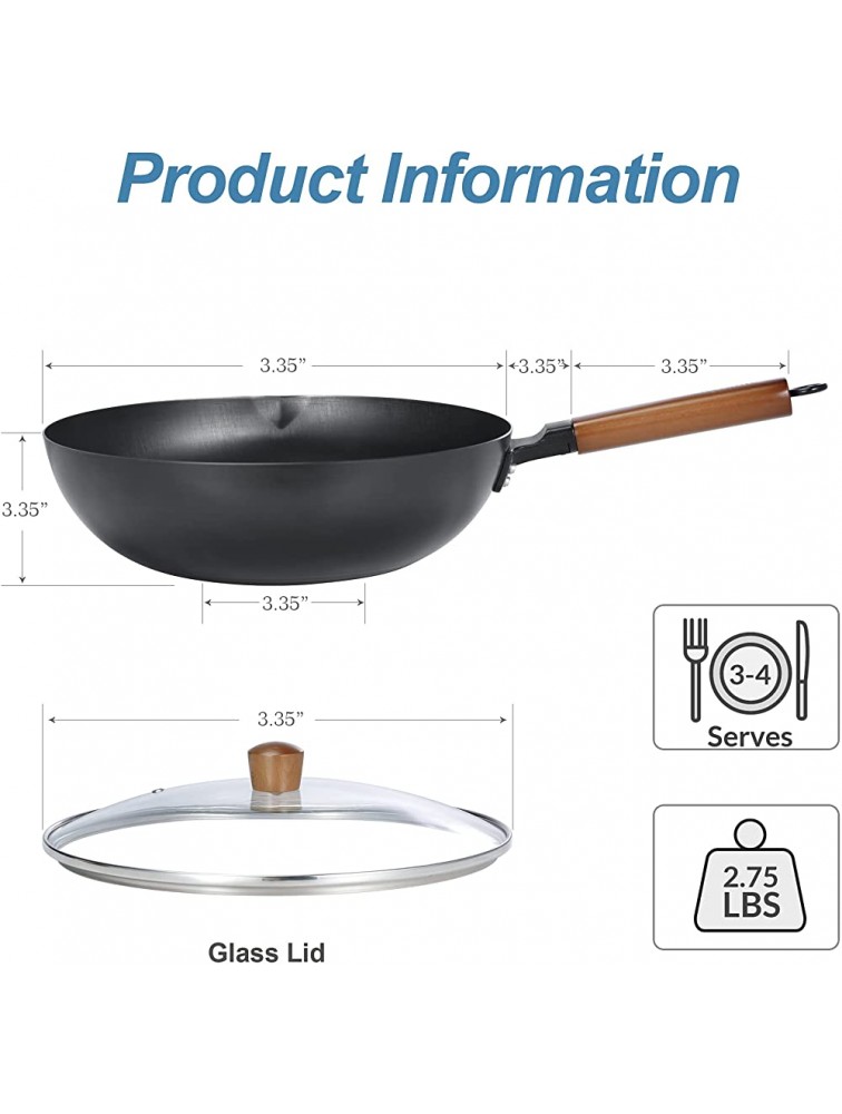 Hyoank Wok Pan 12.6'' Flat Bottom Woks Woks and Stir Fry Pans with lid Carbon Steel Wok Suits for all Stoves - B8X9MWCCY