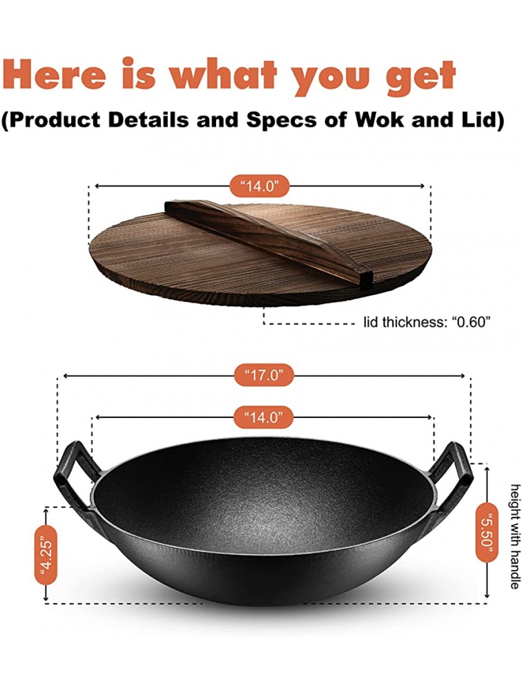 Klee Pre-Seasoned Cast Iron Wok Pan with Wood Wok Lid and Handles 14 Large Wok Pan with Flat Base and Non-Stick Surface for Deep Frying Stir-Frying Grilling Steaming Stovetop and Oven Safe - BR9KDTFOJ