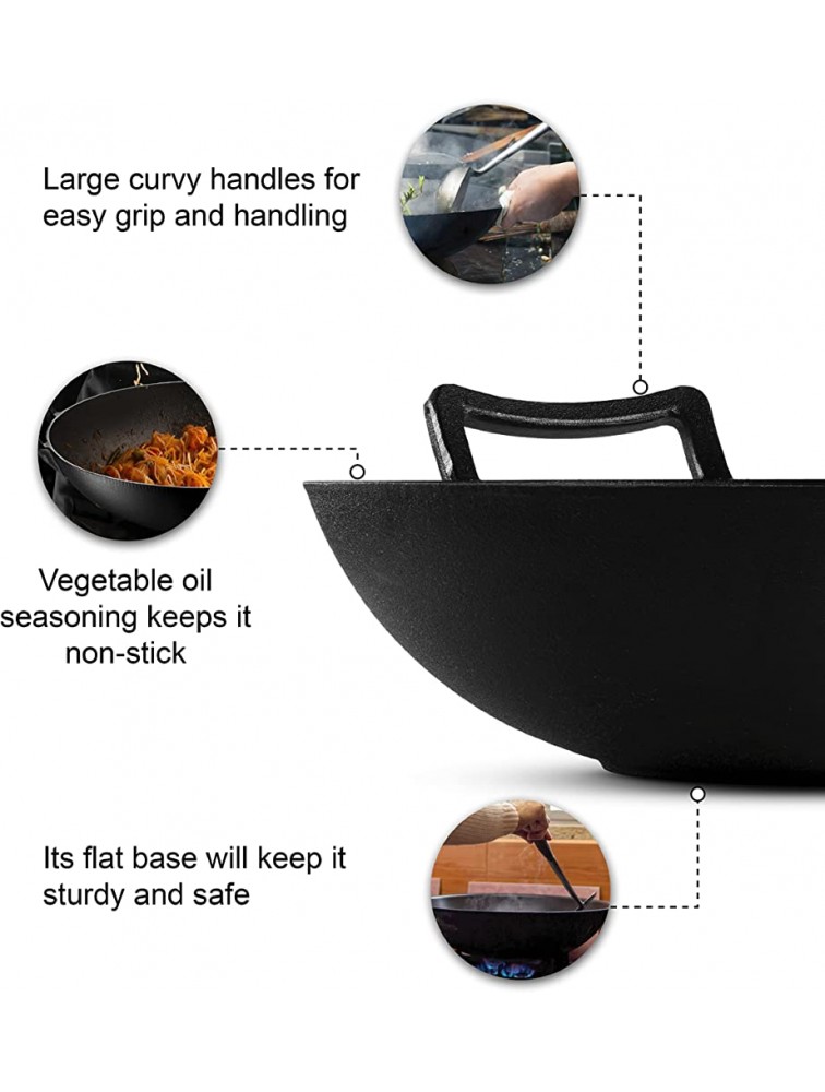 Klee Pre-Seasoned Cast Iron Wok Pan with Wood Wok Lid and Handles 14 Large Wok Pan with Flat Base and Non-Stick Surface for Deep Frying Stir-Frying Grilling Steaming Stovetop and Oven Safe - BR9KDTFOJ