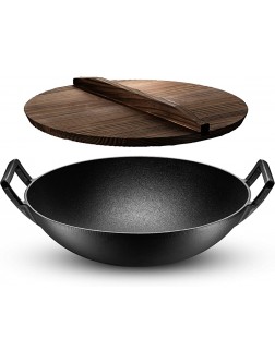 Klee Pre-Seasoned Cast Iron Wok Pan with Wood Wok Lid and Handles 14" Large Wok Pan with Flat Base and Non-Stick Surface for Deep Frying Stir-Frying Grilling Steaming Stovetop and Oven Safe - BR9KDTFOJ