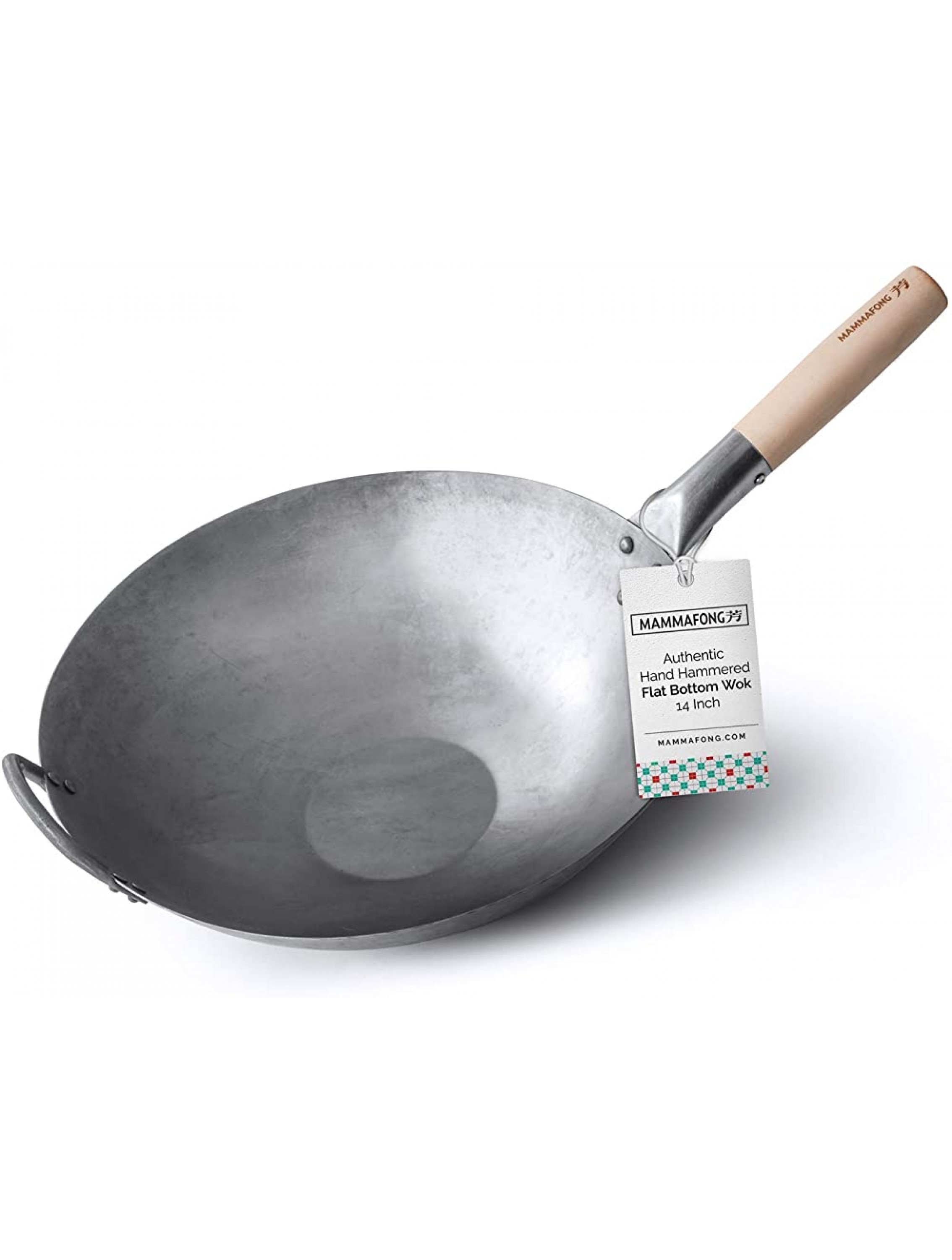 Mammafong Flat Bottom Carbon Steel Wok Pan Authentic Hand Hammered Woks and Stir Fry Pans 14 Pow Wok - B6NF51KKD