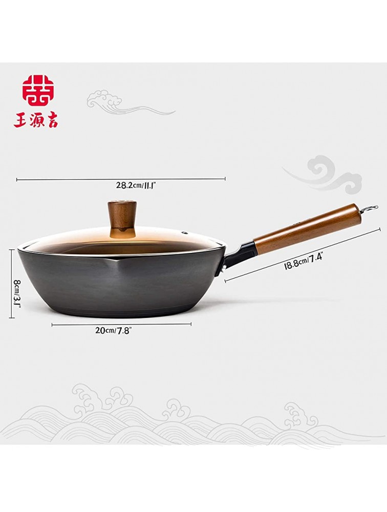 Mothers Day Gifts,WANGYUANJI Carbon Steel Wok 11 inch Flat Bottom Chinese Iron Pot with Glass Lid with Cleaning Cloth and Brush - BMYOP5FDI