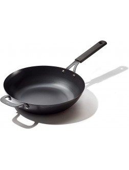 OXO Obsidian Pre-Seasoned Carbon Steel 12" Wok Pan with Removable Silicone Handle Holder Induction Oven Safe Black - BZZDTZBJH