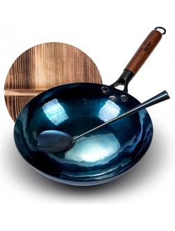 Traditional Hand Hammered Carbon Steel Wok With Lid Stir Fry Wok Set Steel Spatula and Woks & Stir-Fry Pans with Wooden Helper Handle Non-stick No Coating Round Bottom Carbon Steel Pow - B8BUP3KX1