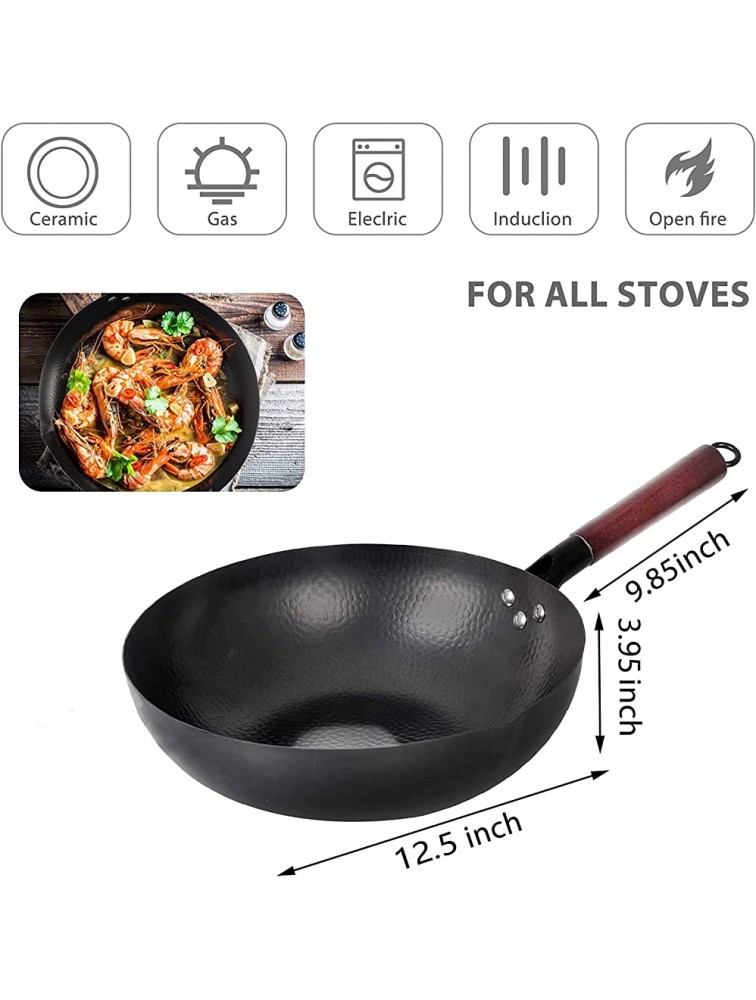 Wok Pan CRSBX Woks and Stir Fry pans Carbon Steel Wok Carbon Steel Pan Flat Bottom Wok Electric Wok Cast Iron Wok No Chemical Coated Chinese Wok for All Stoves 12.5inches - BCGVJU6WS