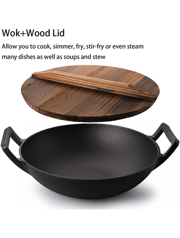 WUWEOT 12 Cast Iron Wok Nonstick Iron Deep Frying Pan with Handles and Wooden Lid for Stir-Fry Grilling Frying Steaming - B7R7JVBAI