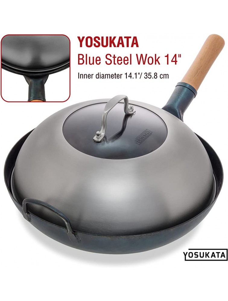 YOSUKATA Wok Lid 13.6 Inch Premium Stainless Wok Cover with Tempered Glass Insert Steam Holes and Ergonomic Handle Durable Wok Accessories Dishwasher-Safe Lid for 14-Inch Wok for Asian Cooking - B4MIWPZ1W