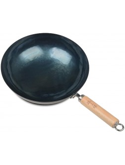 ZhenSanHuan Chinese Hand Hammered Iron Pow Woks and Stir Fry Pans Wooden Handle Round Bottom 30CM Blue Black -Seasoned - BOUE13QP8