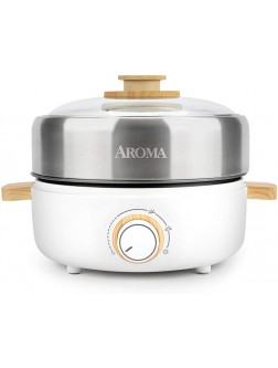 Aroma Housewares AMC-130 Whatever Pot Indoor Grill Cooking Hot Pot with Glass Lid Bamboo Handles 2.5L Stainless Steel White - BHO65OKNV