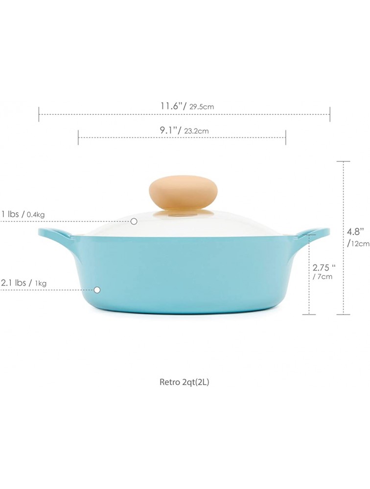 Neoflam Retro 2qt Non-Stick Ceramic Coated Low Stockpot with Integrated Steam Vent Glass Lid Silicone Hot Handle Holder Included Saute Pot Casserole Dutch Oven 2-QT w Mint Blue - B5Q3JHFWM