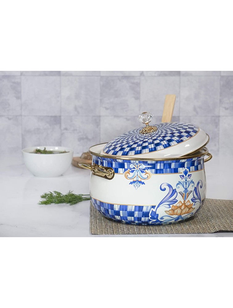 Red Co. Vintage Enamel Cookware Extra Large 10.25 Induction Stockpot with Blue Floral Design and Gold Trim with Crystal Knob Lid 6.5 Quart - BUUZZM9LJ