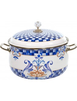 Red Co. Vintage Enamel Cookware Extra Large 10.25" Induction Stockpot with Blue Floral Design and Gold Trim with Crystal Knob Lid 6.5 Quart - BUUZZM9LJ