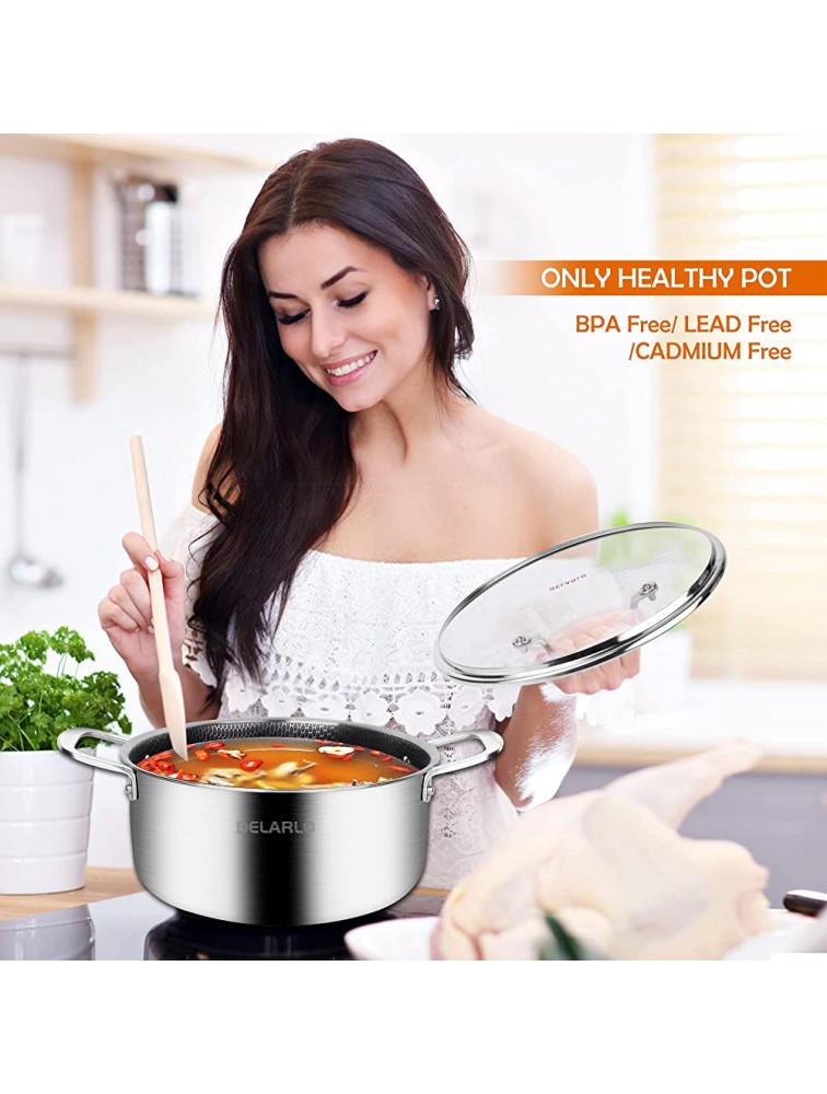 Stainless Steel Stock Pot Induction Ready 5 QT DELARLO Cooking Pot 18 8 Food Grade Tri-ply Steel Nonstick Honeycomb Soup Pot Stew Simmering Pot with Glass Lid Dishwasher Safe - B3D18W33R
