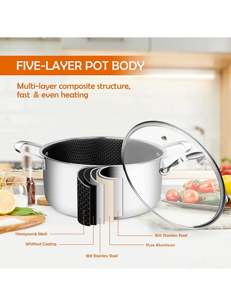 Stainless Steel Stock Pot Induction Ready 5 QT DELARLO Cooking Pot 18 8 Food Grade Tri-ply Steel Nonstick Honeycomb Soup Pot Stew Simmering Pot with Glass Lid Dishwasher Safe - B3D18W33R