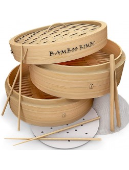 Bamboo Bimbi Steamer for Cooking 10 Inch Bamboo Steamer Basket for Cooking Healthy Asian Food in 2 Tiers Simultaneously Dim Sum Dumpling and Vegetable Steamer with Chopsticks Tong and Liners - BPFV835Q6