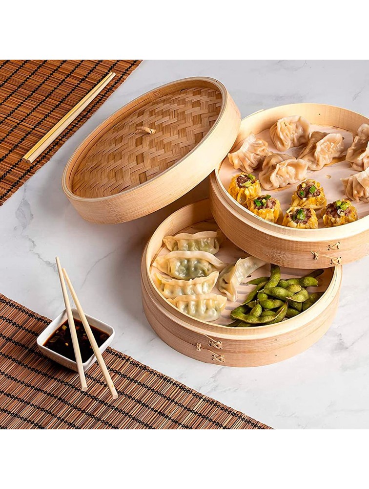 Bamboo Steamer 10 Inch Bun Steamer 2-Tiers Dumpling Cook Traditional Asian Food Stackable Bao Steamer Chinese Food Steamer Basket Steam Basket for Vegetables Perfect for Asian Kitchen Cooking - BMLI0TMK0