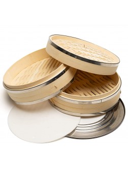 Bisou du Nord 10” Bamboo Steamer Basket Cooking Set 2 Layers | with Steamer Ring Adapter & 50pcs Dumpling Steamer Paper Liners - B9V4Z3LBM