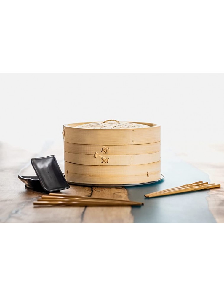 Chok Dee Goods Bamboo Steamer Premium Set Stainless Steel Cooking Ring Included 1 10 2 Tier Basket 1 Stainless Steel Cooking Ring 4 Sets of Chopsticks 4 Reusable Silicone Liners 2 Sauce Dishes - B6YPQC9TC