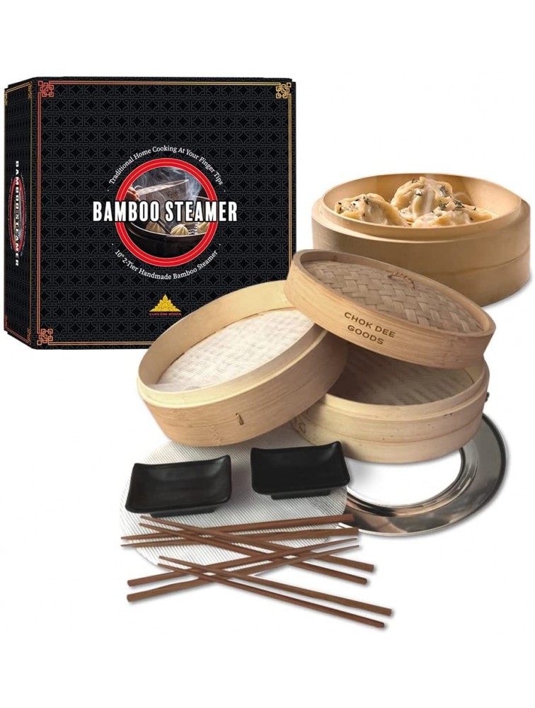 Chok Dee Goods Bamboo Steamer Premium Set Stainless Steel Cooking Ring Included 1 10" 2 Tier Basket 1 Stainless Steel Cooking Ring 4 Sets of Chopsticks 4 Reusable Silicone Liners 2 Sauce Dishes - B6YPQC9TC