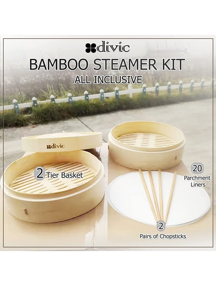 DIVIC Bamboo Steamer 10 inch-Two Tier Basket with Lid 2 Pair of Chopsticks & 20 Parchment Liners,Handmade Dumpling Steamer for DimSum,Rice Vegetables Fish & Meat - BJLHJTPIR
