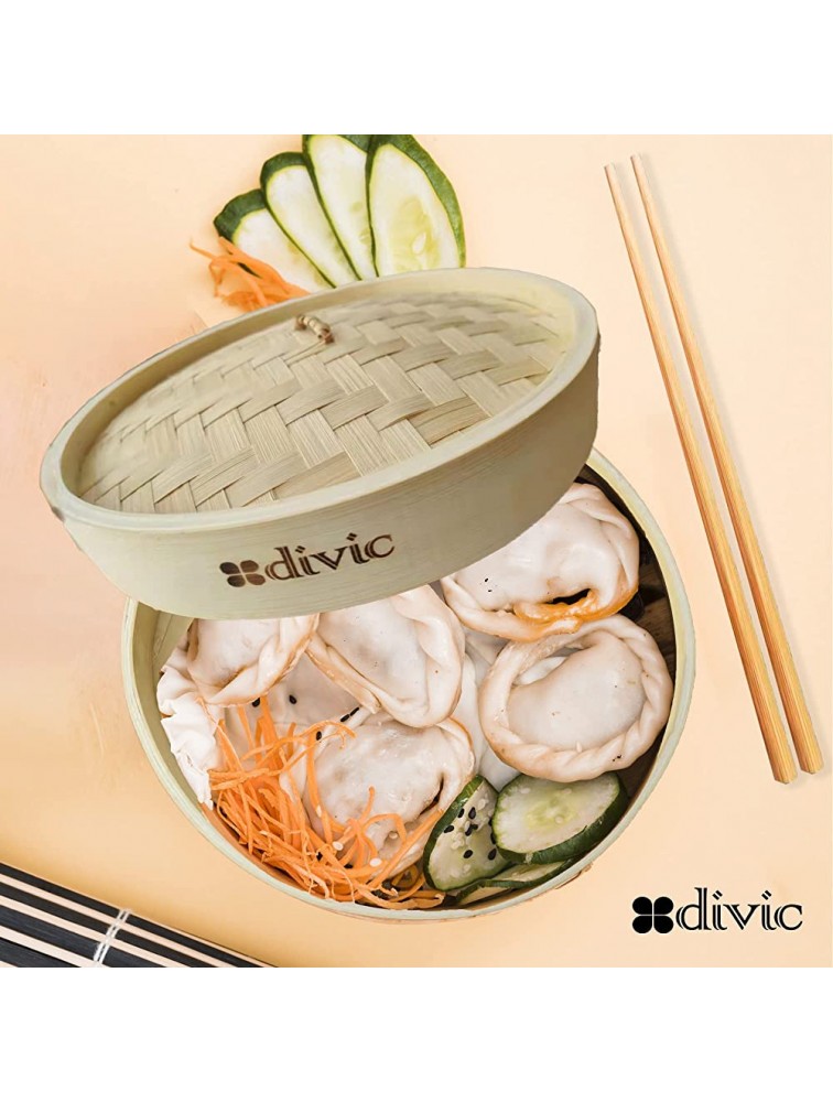DIVIC Bamboo Steamer 10 inch-Two Tier Basket with Lid 2 Pair of Chopsticks & 20 Parchment Liners,Handmade Dumpling Steamer for DimSum,Rice Vegetables Fish & Meat - BJLHJTPIR