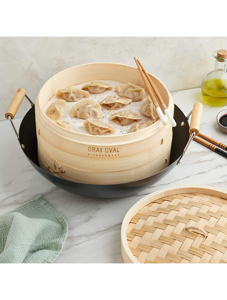 Gray Oval 10 inch Bamboo Steamer Basket 2-Tier 2 Pairs of Chopsticks & 2 Holders 50 Paper Liners Bamboo Dumpling Steamer Basket Steam Basket for Cooking Bao Bun Steamer - BM5560Q5Y