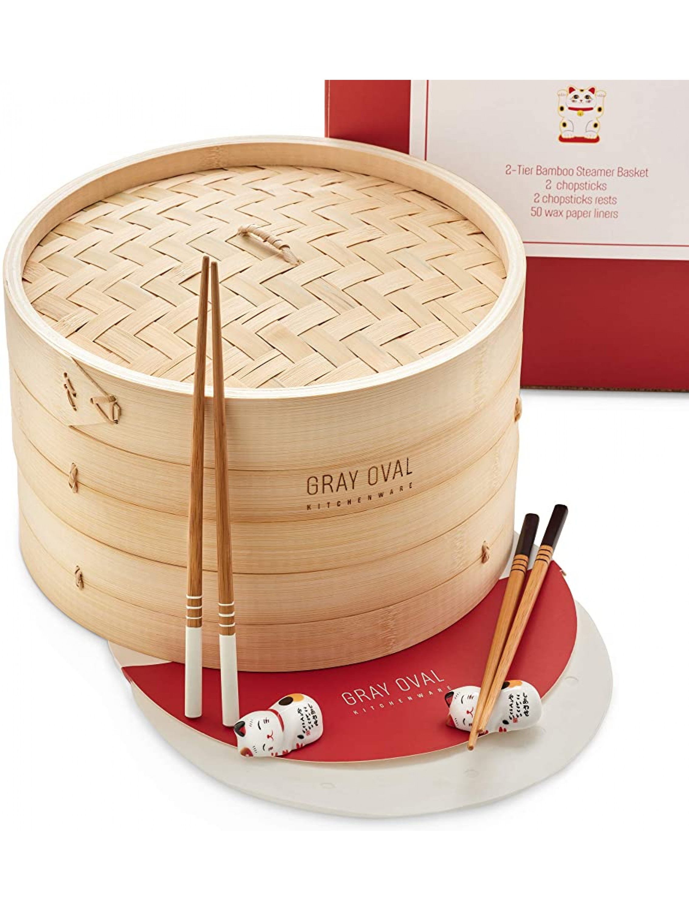 Gray Oval 10 inch Bamboo Steamer Basket 2-Tier 2 Pairs of Chopsticks & 2 Holders 50 Paper Liners Bamboo Dumpling Steamer Basket Steam Basket for Cooking Bao Bun Steamer - BM5560Q5Y