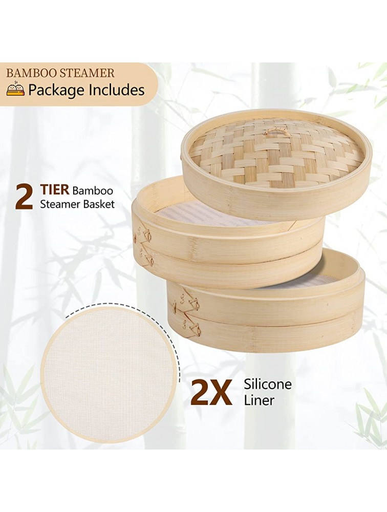 Hisikou Bamboo Steamer Basket 10 Inch Bao Bun Steamer Rice Steamer Basket for Dumpling 2 Tier Bamboo Steam Basket with Silicone Pad for Vegetables Dim Sum Fish Meat - BUJ0JZKBH