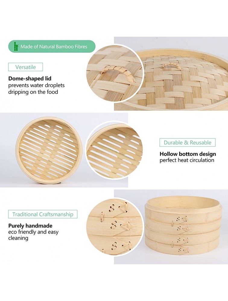Hisikou Bamboo Steamer Basket 10 Inch Bao Bun Steamer Rice Steamer Basket for Dumpling 2 Tier Bamboo Steam Basket with Silicone Pad for Vegetables Dim Sum Fish Meat - BUJ0JZKBH