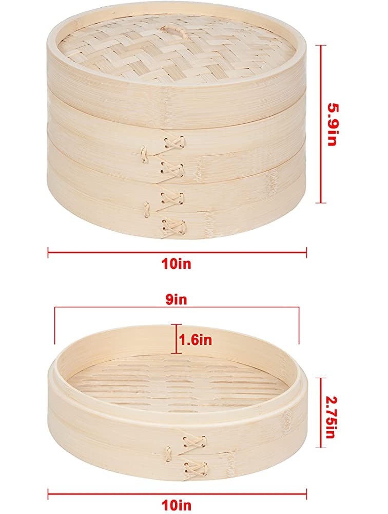 NCF Bamboo Steamer Basket 10 Inch 2 Tier Steam Cooker for Dim Sum Dumplings Steamer Handmade Cookware for Steaming Chinese Food 50 Wax Paper Liners - BWTKXZTTD