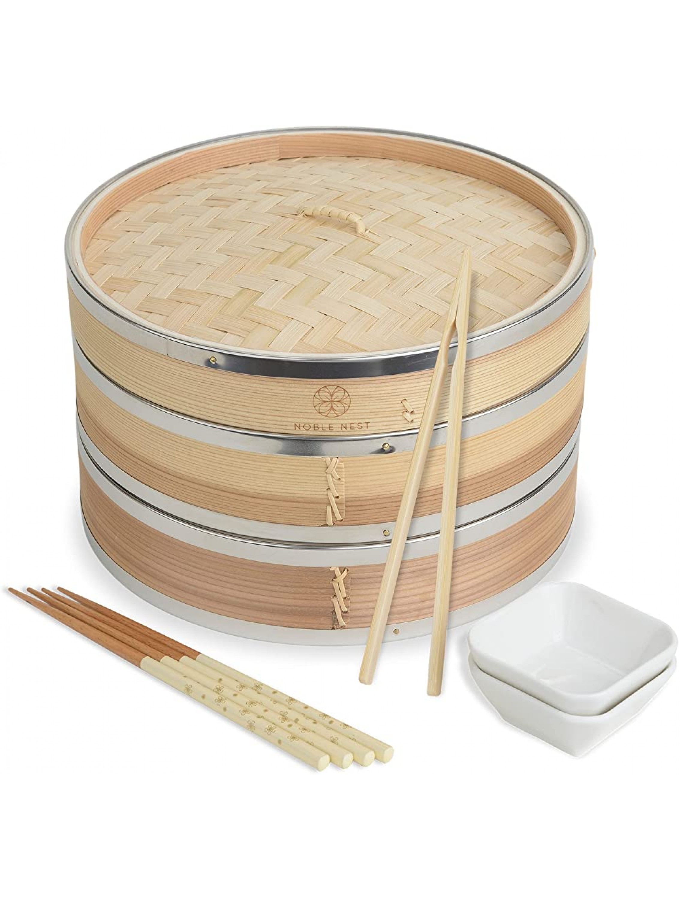 Noble Nest Deluxe Bamboo Steamer Basket Steamer for Cooking Use as Dumpling Maker Vegetable Steamer or Japanese Rice Cooker Two Tiered 10 Steamer Basket - B0Y9REEHZ