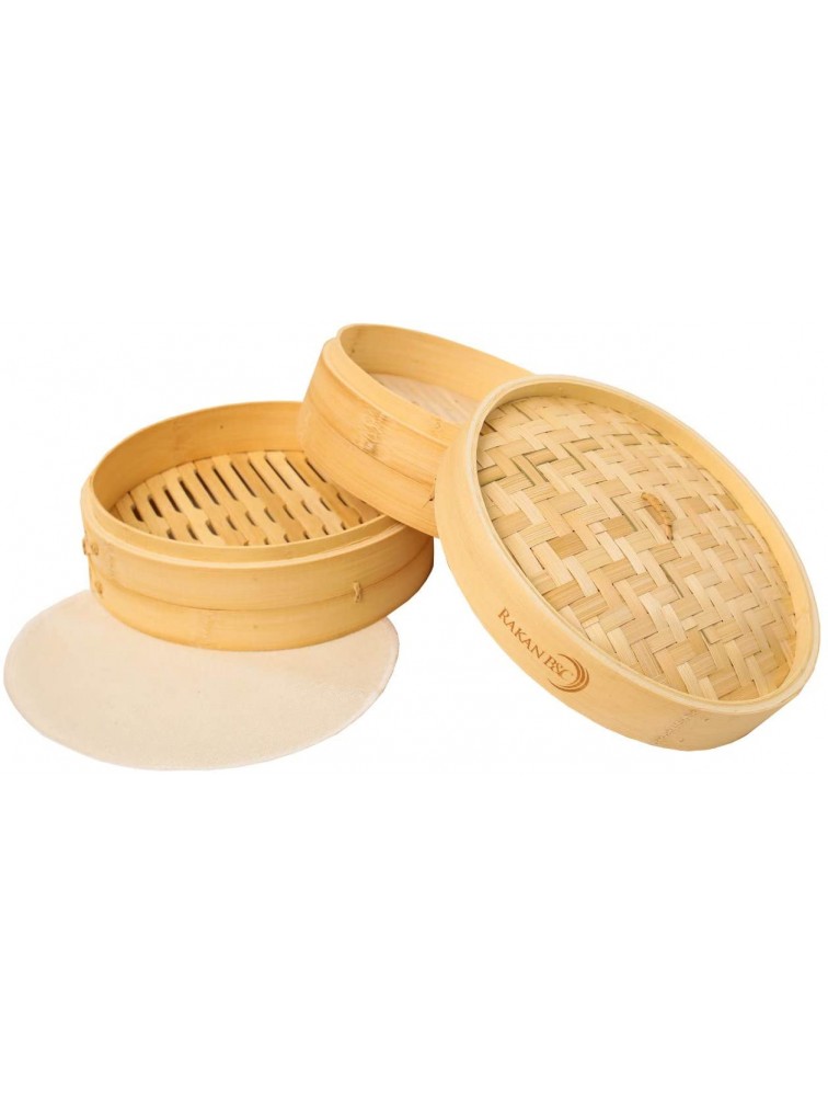 Rakan B&C Bamboo Steamer Basket 10 inch Healthy Food Cooking Dim Sum Dumplings Vegetables Fish Steam Rice Included 2 Tier with Lid 10 paper Liners and 1 Reusable cotton liner Cooker - BF1KU1CM3