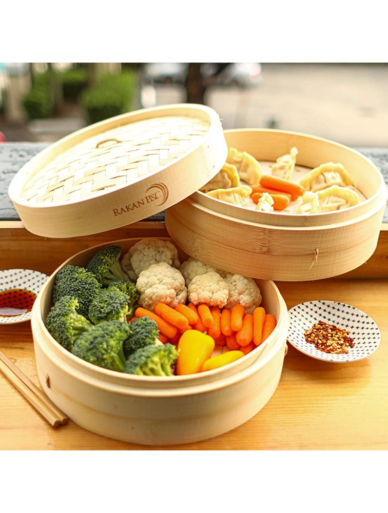 Rakan B&C Bamboo Steamer Basket 10 inch Healthy Food Cooking Dim Sum Dumplings Vegetables Fish Steam Rice Included 2 Tier with Lid 10 paper Liners and 1 Reusable cotton liner Cooker - BF1KU1CM3