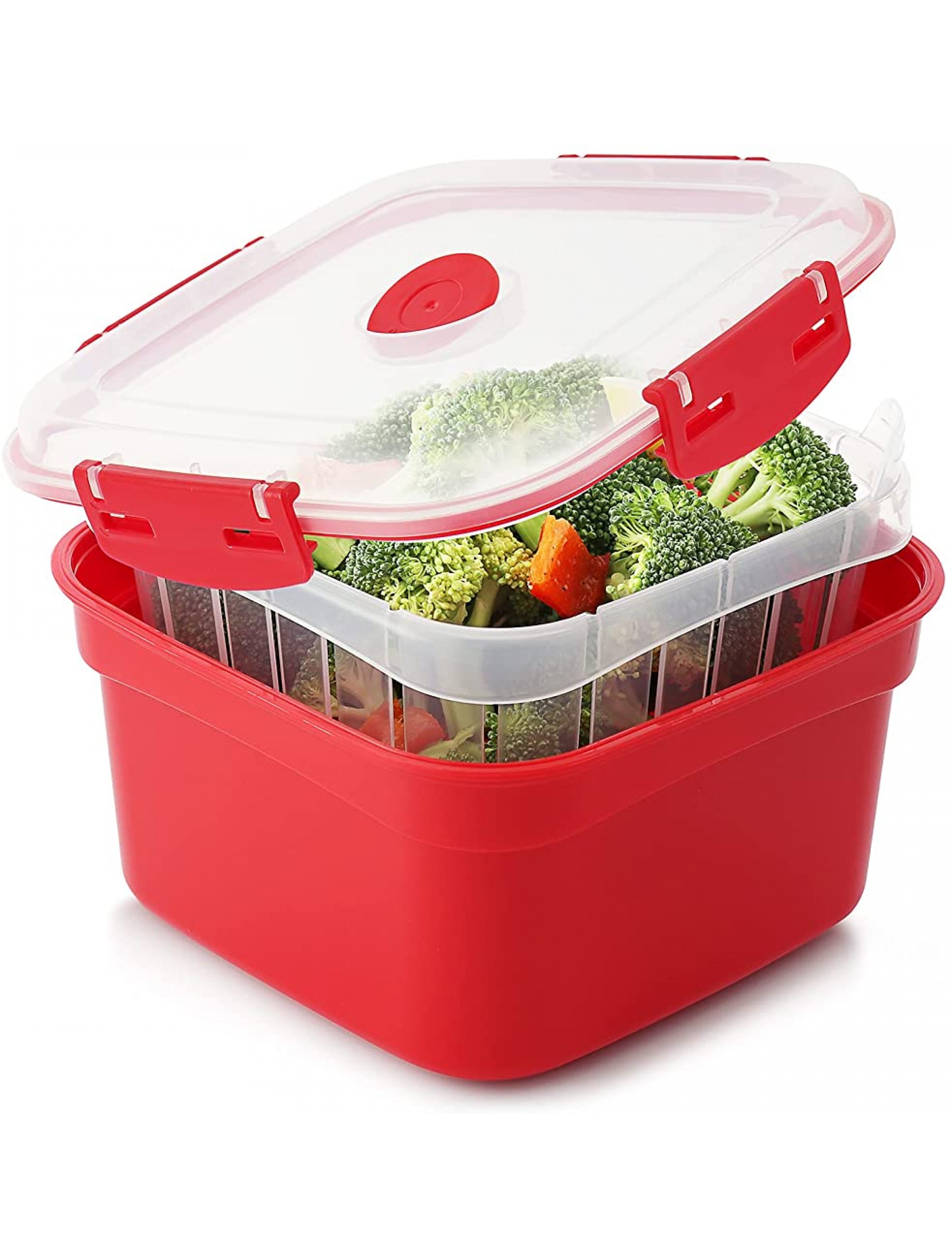 Tafura Microwave Vegetable Steamer. Microwavable Steamer Basket for Veggie Broccoli Fish. Steam Container w Vented Lid 2 Liter BPA Free - B19P7KRRM