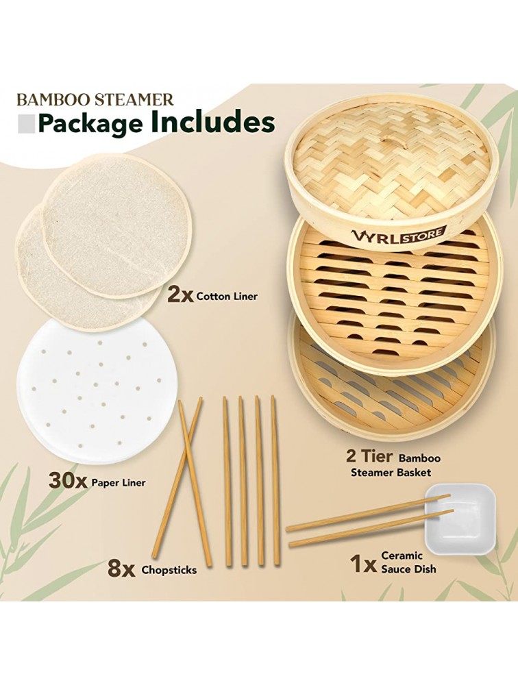 VYRL Store Bamboo Steamer 10 inch – Premium 2-Tier Bamboo Dumpling Steamer with 4 Pairs Chopsticks Sauce Dish Liners – Ideal for Rice Dim Sum Veggies Fish Meat and More - BD7BVGX5D