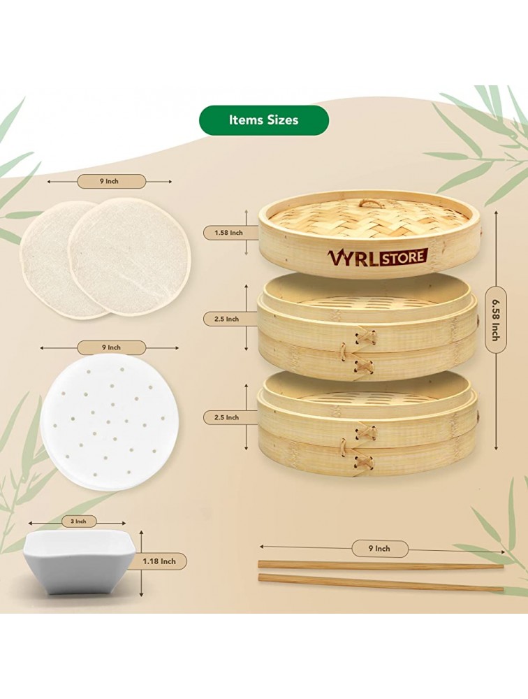 VYRL Store Bamboo Steamer 10 inch – Premium 2-Tier Bamboo Dumpling Steamer with 4 Pairs Chopsticks Sauce Dish Liners – Ideal for Rice Dim Sum Veggies Fish Meat and More - BD7BVGX5D