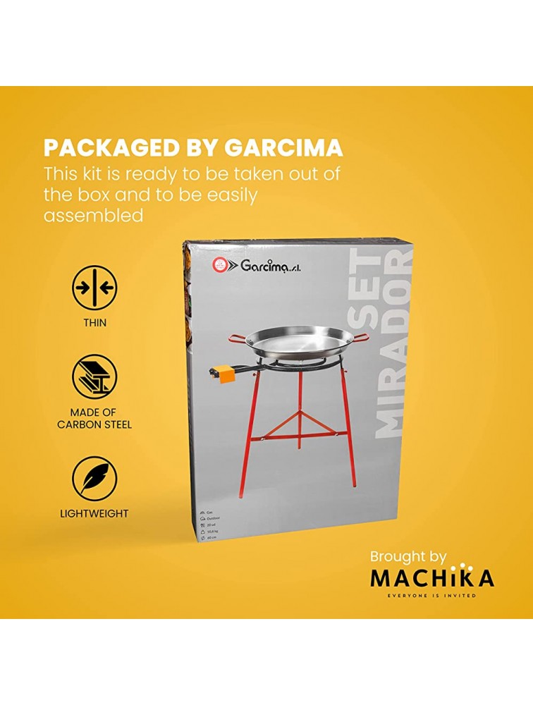 Machika Paella Pan Set with Burner 24 Inch Carbon Steel Outdoor Pan and Reinforced Legs Imported from Spain Manufactured by Garcima 19 Servings - B29KFIOC0