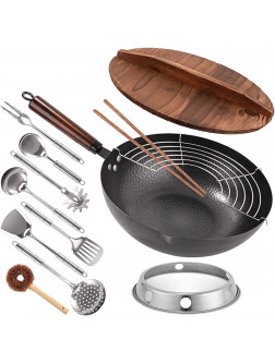 Carbon Steel Wok 13 Pcs Wok Pan with Wooden Lid & Handle Stir-Fry Pans 13" Chinese Wok Flat Bottom Wok with Cookware Accessories Suitabe for all Stoves Black… - BVMYKO1PC