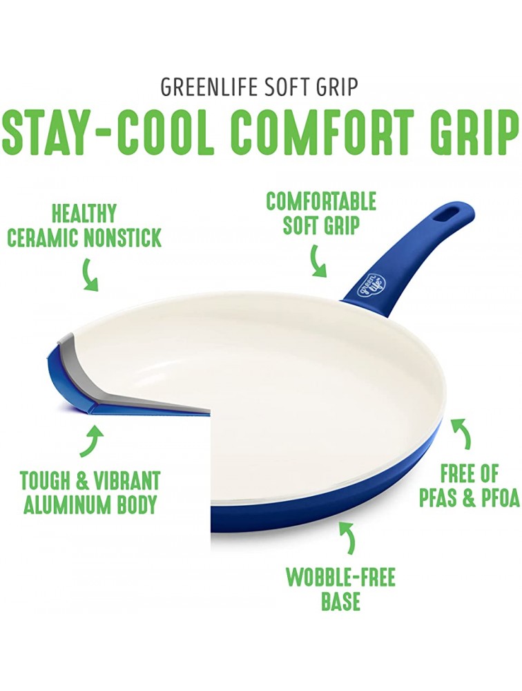 GreenLife Soft Grip Healthy Ceramic Nonstick 12 Frying Pan Skillet with Lid PFAS-Free Dishwasher Safe Blue - BDHPLJV94